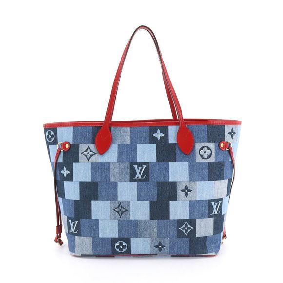 Louis Vuitton Denim Monogram Neverfull MM Tote Bag Blue Red - Picture 2 of 6